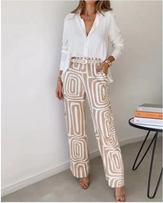 Women's Printed Wide-Leg Pants & Lapel Shirt Set – Effortless Chic