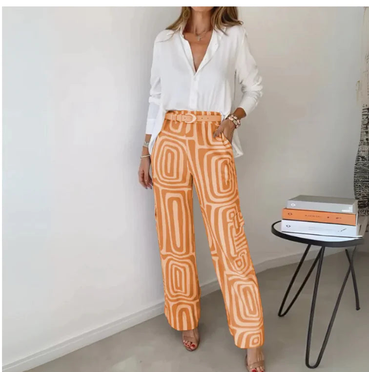 Women's Printed Wide-Leg Pants & Lapel Shirt Set – Effortless Chic