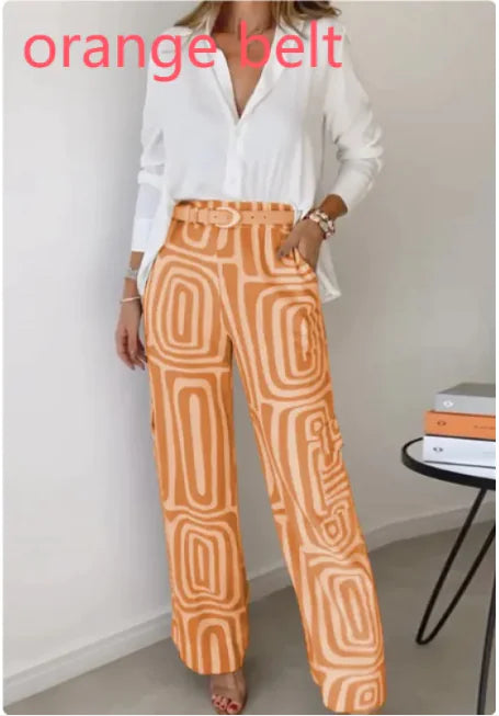 Women's Printed Wide-Leg Pants & Lapel Shirt Set – Effortless Chic