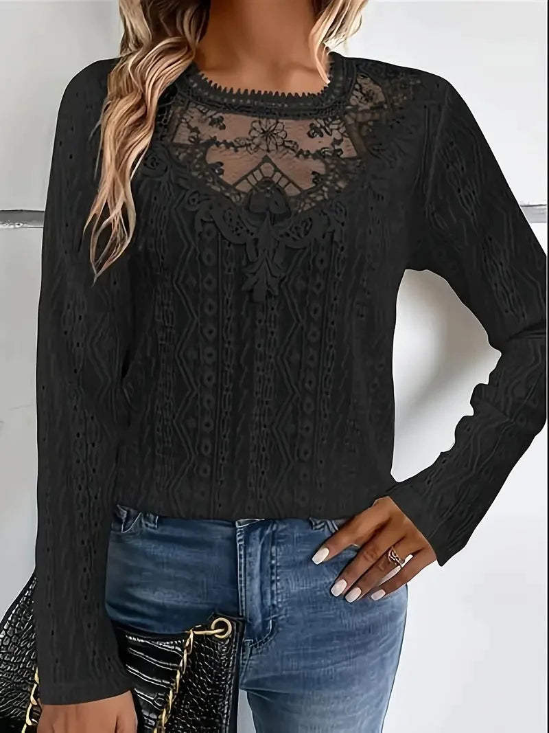 Lace Stitch Hollow-Out Long Sleeve Tee