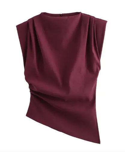 Beveled Pleated Padded Shoulder Top