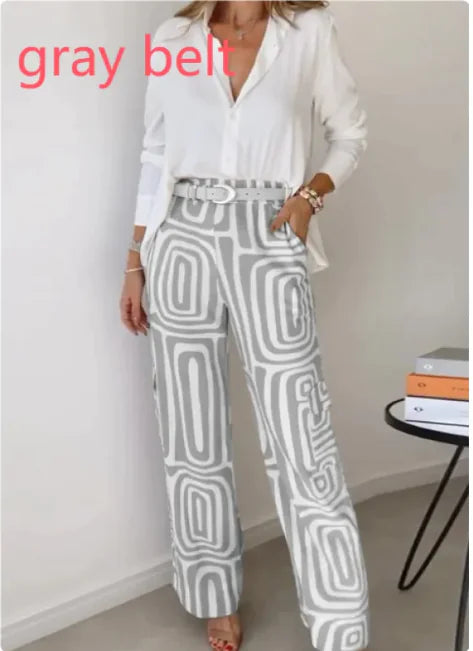 Women's Printed Wide-Leg Pants & Lapel Shirt Set – Effortless Chic