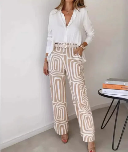 Women's Printed Wide-Leg Pants & Lapel Shirt Set – Effortless Chic