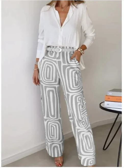 Women's Printed Wide-Leg Pants & Lapel Shirt Set – Effortless Chic